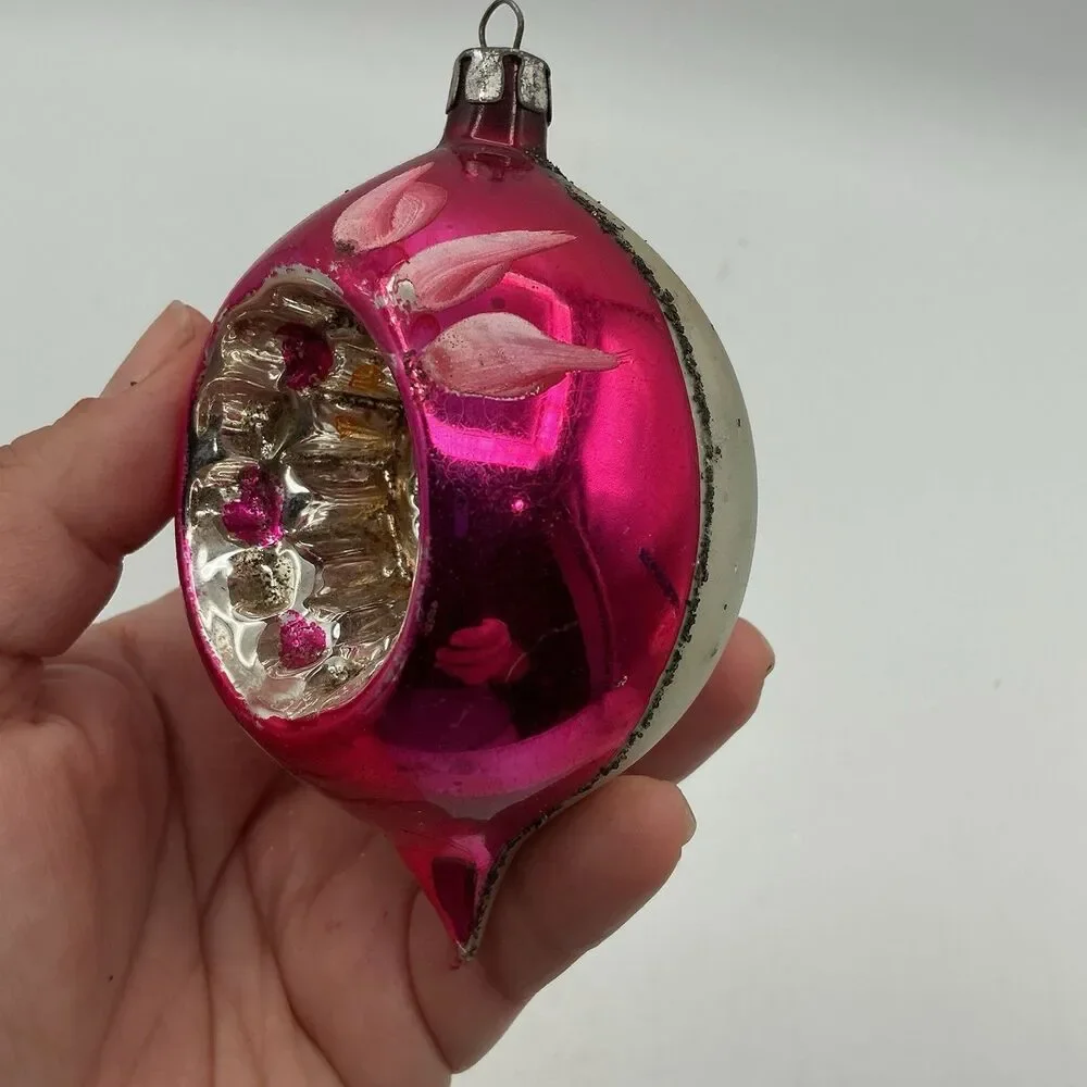 Vintage Mercury Glass Indent Christmas Ornament Pink Floral Teardrop 4.5”